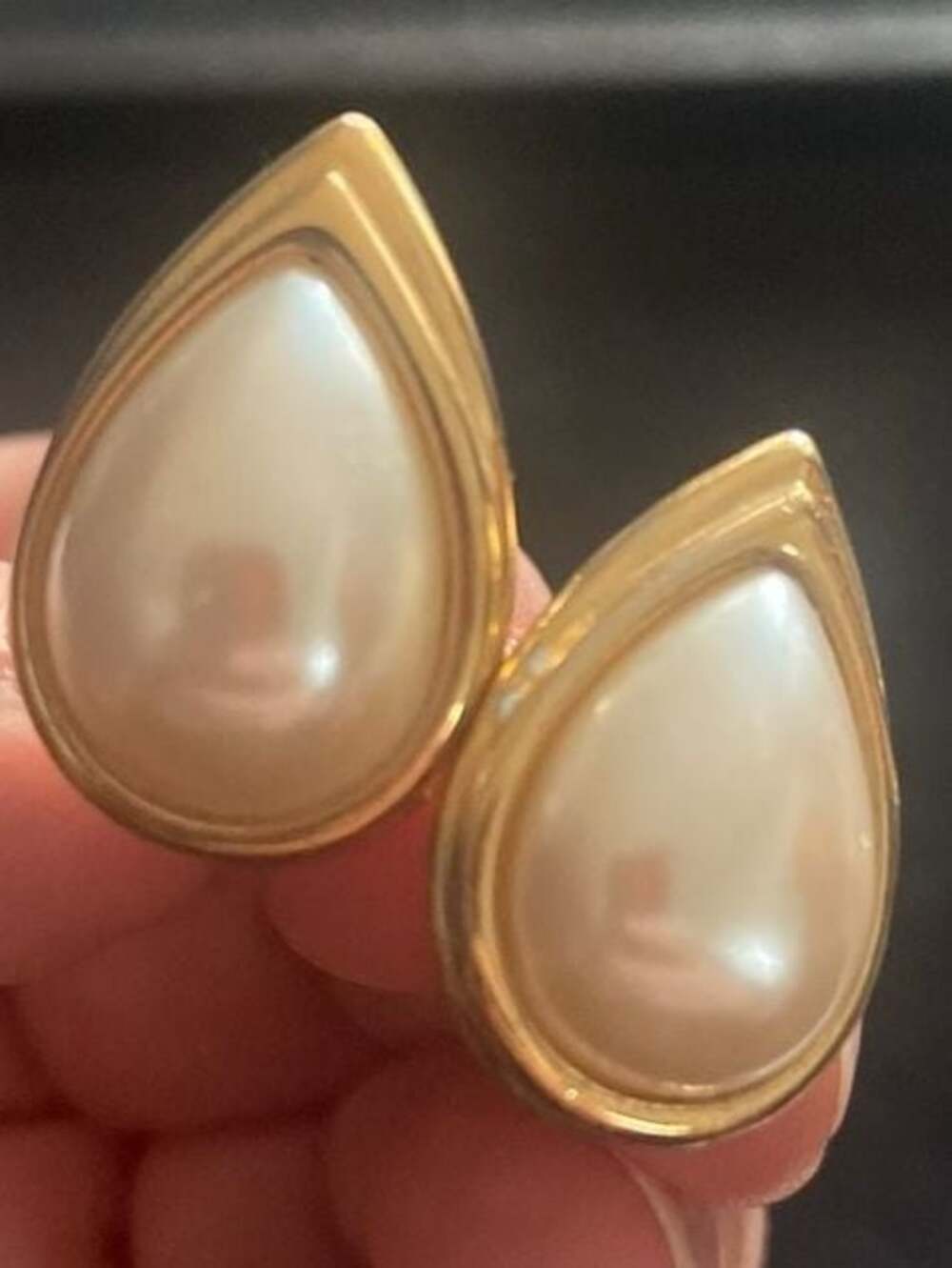 Vintage Monet Faux Pearl Teardrop Gold Tone Clip-On Earrings